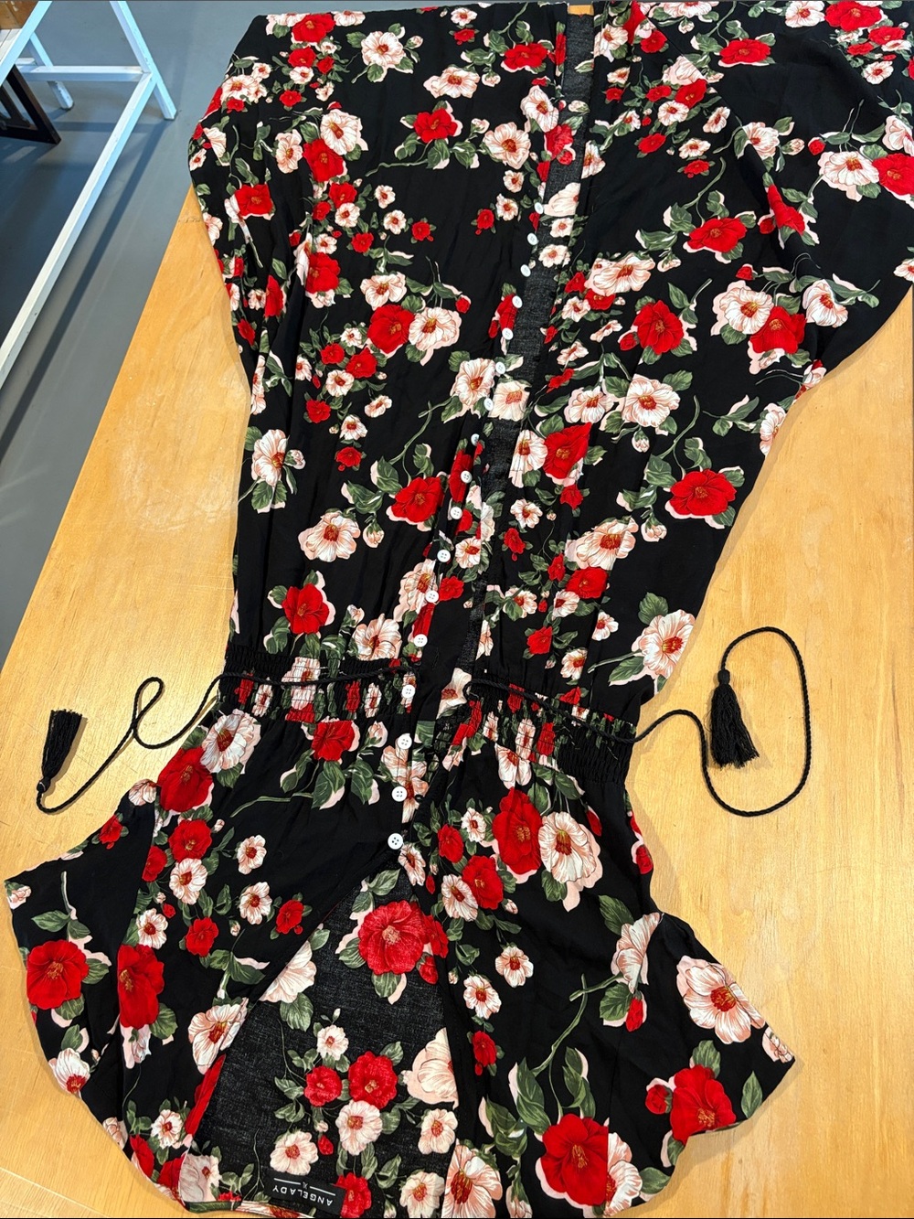 Floral Button-Front Women's Bodysuit Romper - Black with Red & Cream Flowers